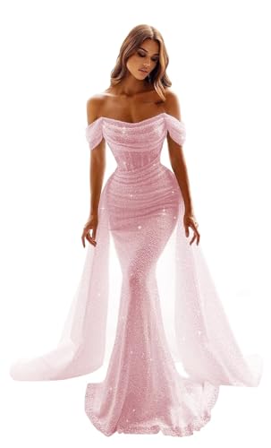Blush Pink Sequins Prom Dresses for Women 2025 Mermaid Prom Dress Detachable Train Off Shoulder Formal Evening Gowns Backless US 0