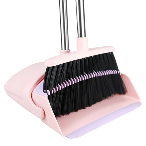 BSKLIN Broom and Dustpan Set 52 Long Adjustable Handle Broom with Dustpan Combo Set with Dust Pan Teeth to Clean Hair for Home Lobby Office Kitchen (Small-Pink-Purple)