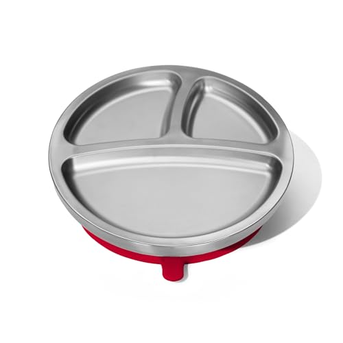 Image of Avanchy Baby Plates with Suction – Stainless Steel Divided Plates for Toddlers, BPA-Free, Dishwasher Safe, Unbreakable, Non-Toxic, 100% Silicone Suction – Magenta
