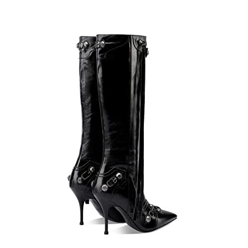 keleimusi Metal Studs Knee High Boots for Women Pointed Toe Heeled Ruffle Leather Shoes4