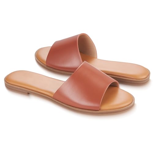 Women's Flat Sandals Slides for Women Slip on Sandals with Comfortable Leather Slippers Peep Toe Dressy Casual for 2025 Summer Beach2