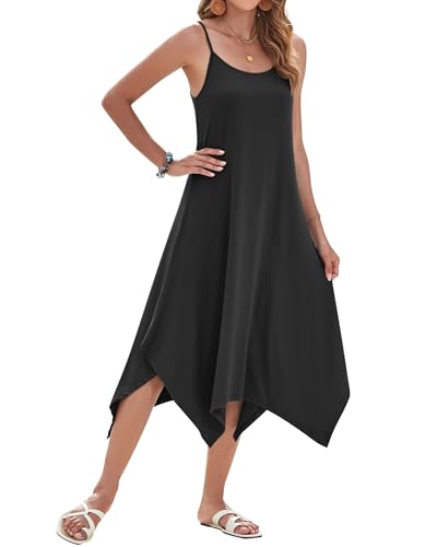 Image of AUSELILY Women's Summer Dresses 2026 Casual Sleeveless Spaghetti Strap Sundress Asymmetrical Midi Dress with Pockets