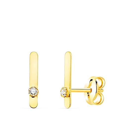 Pendientes oro 18k mujer 10 mm. trepadores barra lisa circonita centro presión