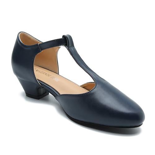 Image of MAIERNISI JESSI Women's T-Strap Mary Jane Pumps, Low Block Heel, Closed Toe, Buckle Ankle Strap