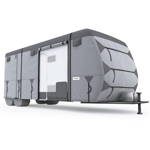 KING BIRD Heavy Duty 600D Top Travel Trailer Camper RV Cover, Fits 30-33FT Motorhome for Winter Snow, Anti-UV, Breathable,Rip-Resistant, Waterproof with 6 Gutter Covers