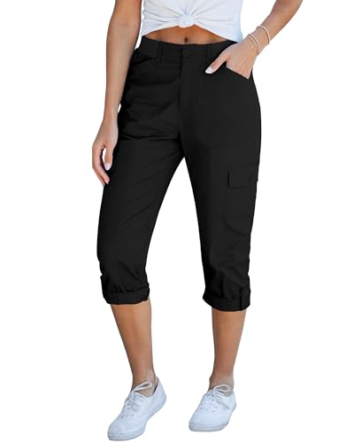 GRAPENT Cargo Capri Pants for Women High Waisted Relaxed Fit Elastic Knit Waist Casual Capris Trousers Cropped Pants