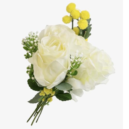 OTHERWISETRIVIAL Confezione Regalo Festa della Donna con Bouquet Rose Bianche Artificiali, Rami Mimose Artificiali - Pasqua - Festa Della Mamma -