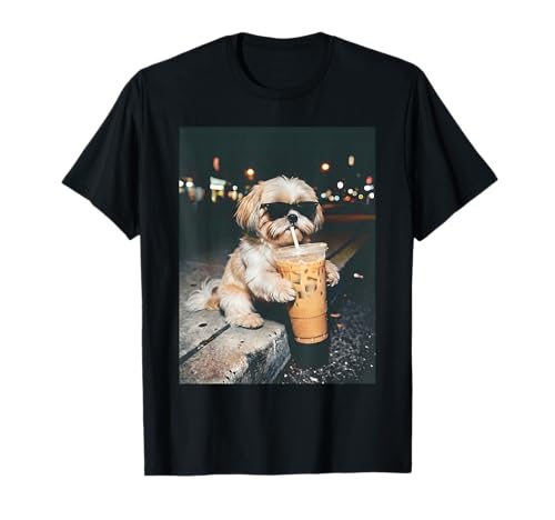 Shih Tzu Drinking Iced Coffee Funny Pet Lifestyle Graphic T-Shirt