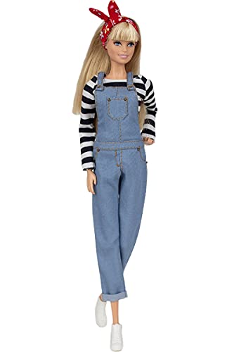 Elenpriv FAO-057 Denim Jumpsuit + Singlet top + Bandana Full Outfit Doll Clothes for 11 1/2 inches Doll Clothes Outfit Fashions for Dolls