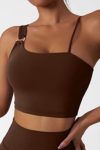 Mulisky One Shoulder Sports Bra For Women Sexy Straps Yoga Bra With Removable Cups Brown S #TOP1