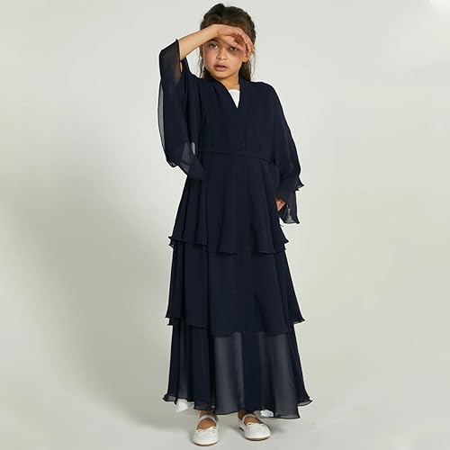 Girls Muslim Dress Open Front Cardigan Robe Three-layered Chiffon Kaftan Islamic Abaya Kimono Dubai Maxi Dress3