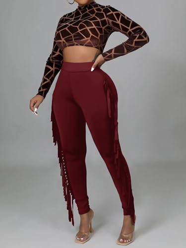 LYANER Women's High Waist Fringe Jogger Sweatpants Tassels Side Bodycon Pants4