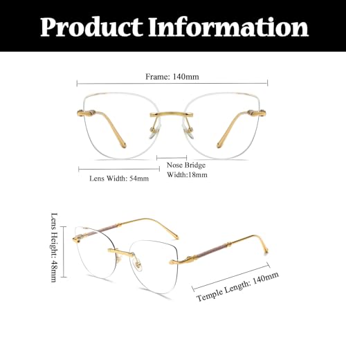 Image of LJCZKA Rimless Blue Light Blocking Glasses Women Stylish Cat eye Eyeglasses Anti Eye satrain Computer Cateye Metal Frame