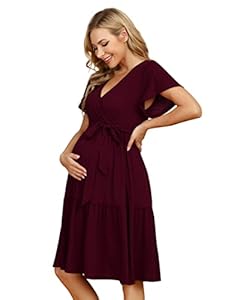KOJOOIN Damen Umstandskleid V-Ausschnitt Stillkleid Casual Schwangerschafts Kleider mit Rüsche Grape(Kurzarm) M