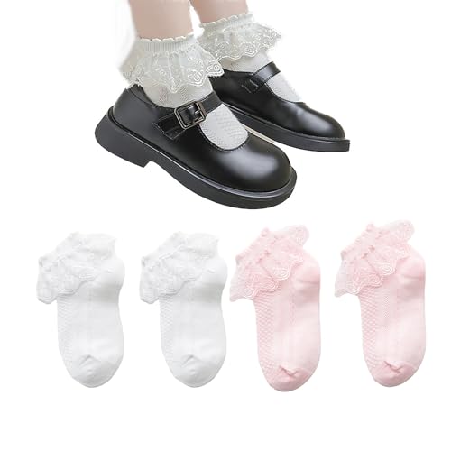 ZEACCT 2 Pares de Calcetines Volantes, Calcetines Bautizo Decorativos, Calcetines Volantes Encaje, Calcetines Blancos Volantes Vintage, Calcetines para Edades de 4 A 7 Años - Rosa, Blanco