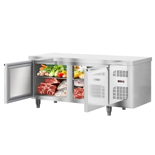 60-Inch 15 Cu.Ft Commercial Worktop Undercounter Refrigerator – Double Door Stainless Steel Food Prep Station for Restaurant/Bar/Cafe