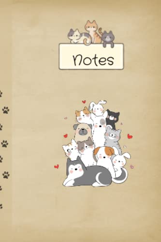 Notes: Cats, dogs, and rabbits in a heap, surrounded by hearts, with paw prints walking up the book spine.