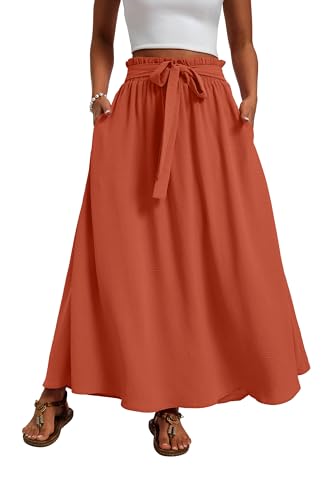Mintreus Womens Maxi Skirt High Waisted Flowy A Line Weekend Skirt with Tie Waist for Summer, Living Coral, Large