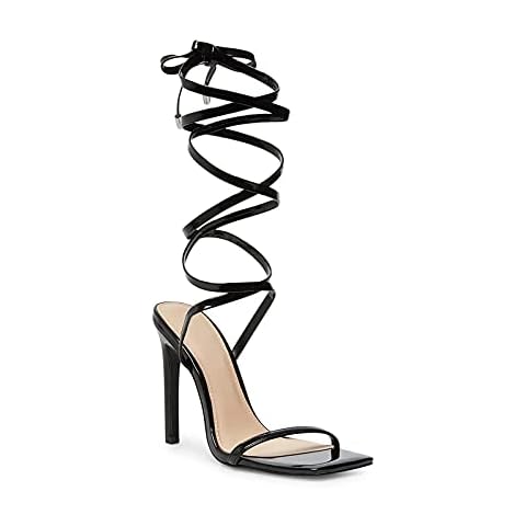 Ermonn Womens Strappy Lace Up Square Open Toe Stiletto Heeled Sandals High Black HeeIs Criss-Cross Summer Dress Wedding Size 7.5 Cover