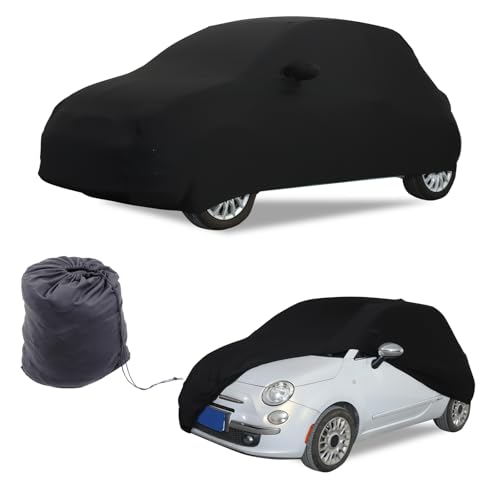 Image of Car Cover Waterproof All Weather Compatible with Fiat 500 /500 Abarth 2010-2022，Velvet Material Car Cover Sun Hail UV Snow Dust Protection Cover Exterior Accessories (Black（Style B）)