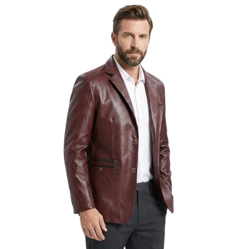 HESYSUAN Blazer en cuir souple à revers pour homme - Coupe droite - 2 boutons avec poches, bordeaux, M