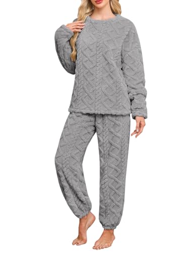 Niwicee Pyjama Femme Hiver Polaire Ensemble de Pyjama Chaud Doux Vêtements de Nuit Femme Pyjama 2 Pièces Manches Longues de Hauts Pantalon avec 2 Poches (Gris, L)
