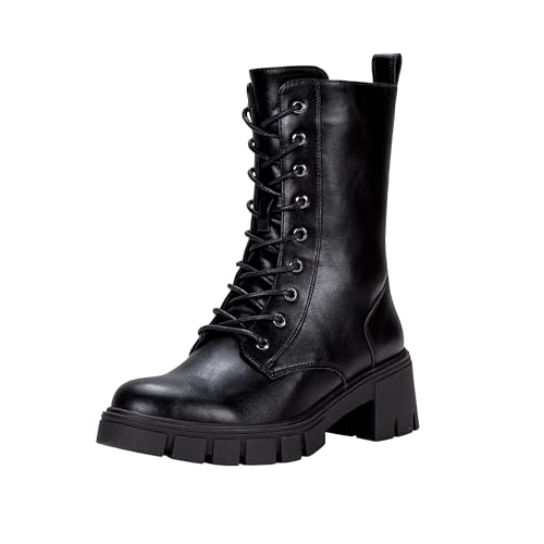 Vepose Women's Mid Calf Combat Boots Lace-up Elastic Chunky Platform Boot with Side Zipper