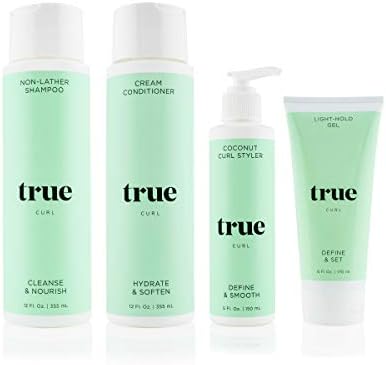 True Curl Starter Bundle: Light Hold Defining Gel with Non-Lather Shampoo/Conditioner. Clean haircare for beautiful curls