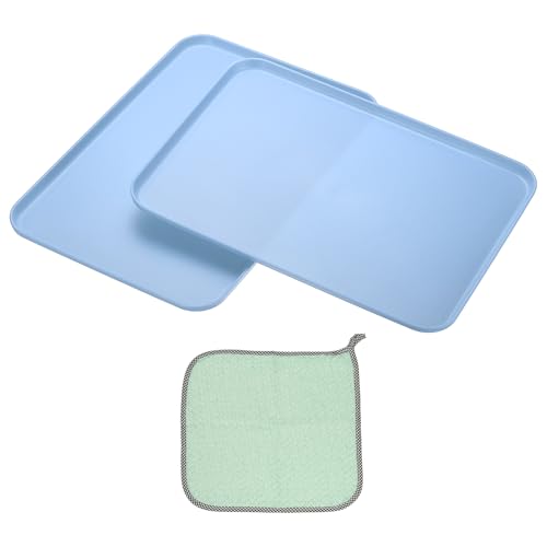 PATIKIL 15x10.6 Plastic Tray, 2 Pack Rectangular Plates Food Tray Wheat Plates Dishes Reusable Dessert Plate Trays with Cloth for Cake Fruits Salad Cupcake Steak Serving Blue