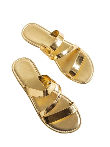 GORGLITTER Women's Metallic Strappy Dressy Flats Open Toe Summer Slip On Slide Sandals