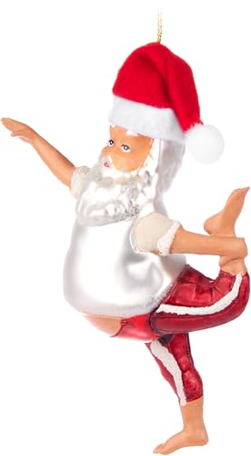 BRUBAKER Weihnachtsmann mit Bierbauch Weihnachtskugel aus Glas - Handbemalt und Mundgeblasen - Yoga Santa Christbaumschmuck Lustig - Christbaumkugel Figuren Weihnachtsdeko Anhänger - Deko Baumkugel