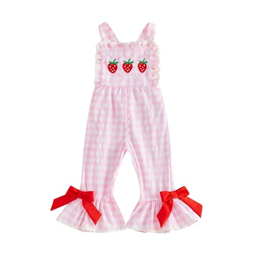 Image of Beinvibe Toddle Baby Girls Summer Outfits Strawberry Embroidery Sleeveless Romper Square Collar Jumpsuits Birthday Gift (Pink, 3-4T)