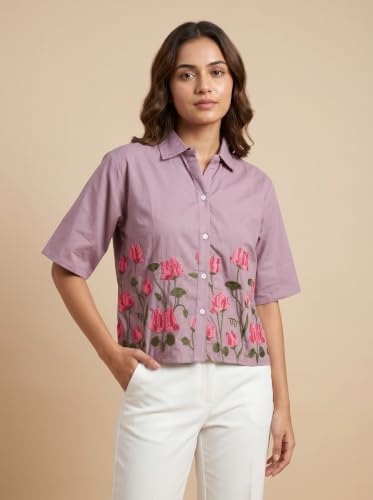 Image of Stylish Women's Embroidered Shirts | Geometric Pattern Half Sleeve Collared Button-Up Casual Shirt for Women