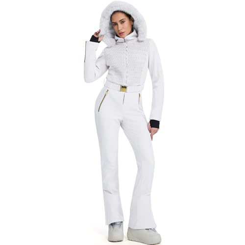 HOTIAN Damen Einteiler Skianzüge Skioverall Wasserdicht Winddicht Damen Schneeanzug Winter Warme Jumpsuit Snowboard Skisuit Mit Kapuze White M