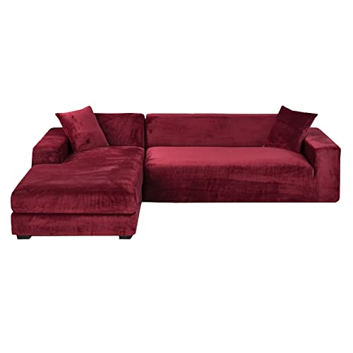 Housse de canapé d'angle en L extensible 4+2 places rouge vin - 2