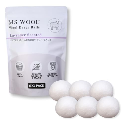 Ms Wool Lavender Scented Wool Dryer Balls – 6 XL Pack – Natural Fabric Softener, Reusable, Reduces Static, Reduces Wrinkles & Shortens Drying Time, Made W/Essential Oil, 100% Pure Wool