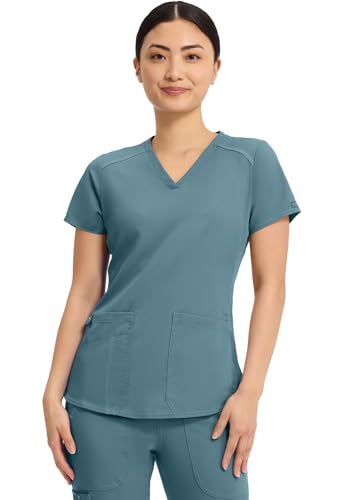 Med Couture V-Neck Scrub Top for Women with 4 Pockets, Rib-Knit Side Panel, and Shirttail Hem MC7459