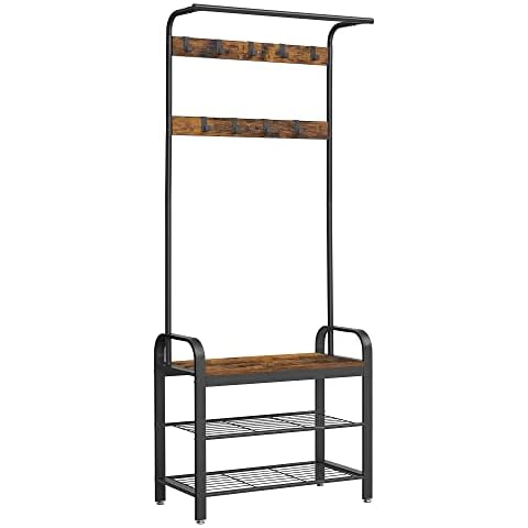 VASAGLE Coat Rack, Coat Stand with Shoe Storage Bench, 4-in-1 Design, with 9 Removable Hooks, a Clothes Rail, for Hallway, Entrance, 33.7 x 77 x 183 cm, Industrial, Rustic Brown and Black HSR40B Cover