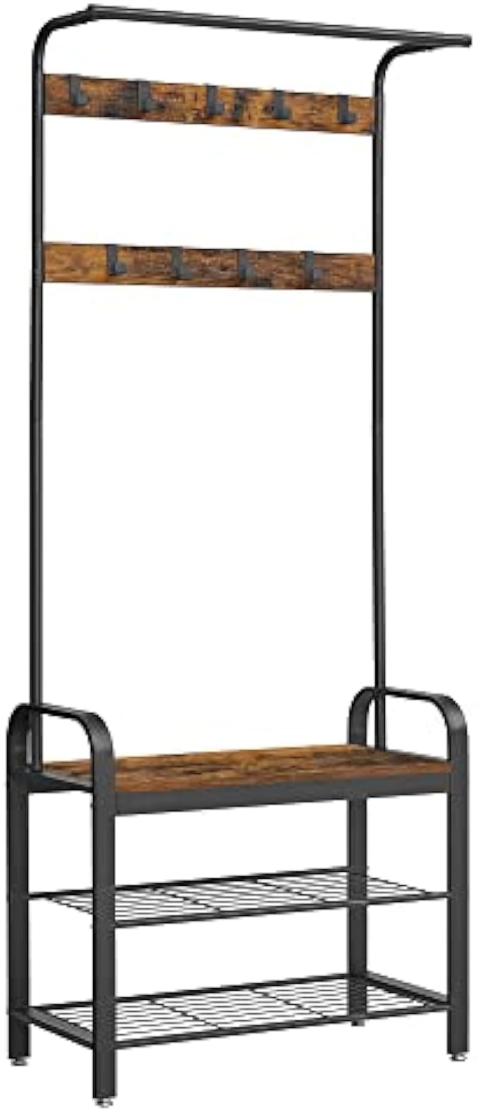 VASAGLE Coat Rack, Hall Tree with Shoe Bench for Entryway, Entryway Bench with Coat Rack, 4-in-1, with 9 Removable Hooks, a Hanging Rod, 13.3 x 28.3 x 72.1 Inches, Rustic Brown and Black UHSR40B