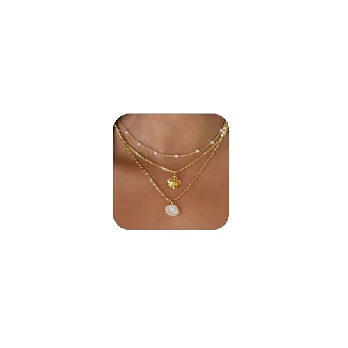 Shell Necklace for Women Gold Layered Conch Seashell Starfish Pendant Necklace Boho Summer Beach Vacation Jewelry for Women