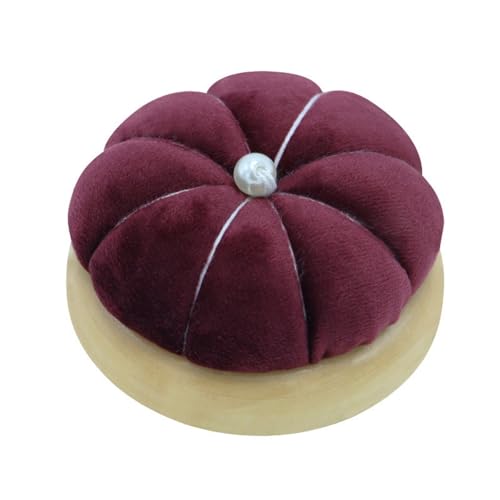 Pumpkin Shape Needle Pin Cushion Wooden Base Pin Cushion Flannel Sewing Pincushions Needle Holder Sewing Needle Cushion Needle Holders for Sewing Quilting DIY Crafts (Burgundy)