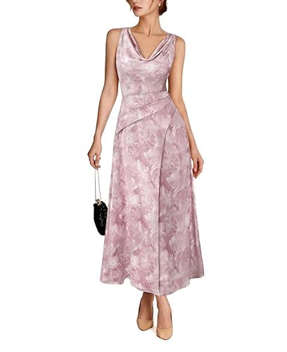 VFSHOW Womens Elegant Cocktail Wedding Guest Long Dress 2026 Smocked Cowl Neck Sleeveless Pocket Tie Waist Wrap A Line Dress (Pink Floral, Medium) 12712 PUP M