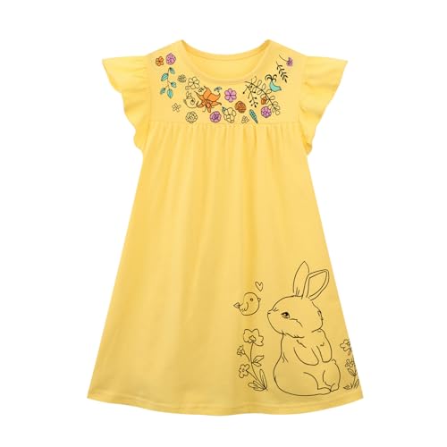 HILEELANG Girls Cotton Flutter Sleeve Dress Yellow Easter Bunny Floral Print Summer Casual Outfit Birthday Party Playdate Dress for Kids 2-12 Years