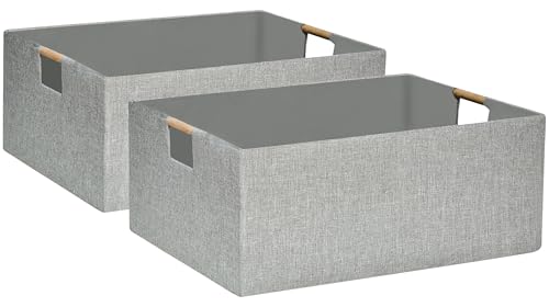Image of Collapsible Storage Box for Women - Foldable Home Organizer 16.9x12.5x7Inches with Wooden Handles | Closet, Bathroom & Kids Room Storage | Heavy-Duty Linen Fabric 2Pack