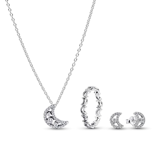 PANDORA Schmuck-Set für Damen Silber Kette, Ohrringe und Ring Mond 21122-58 Ringgröße 58/18,5