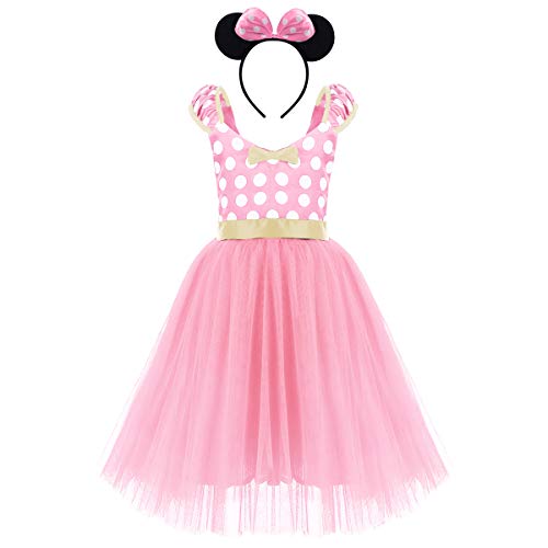Minnie Costume Girls Kids Costume Carnival Pageant Ballet Tutu Dress Birthday Party Wedding Dress Maxi Tulle Puffy Dress Cartoon Princess Dressing Up Costumes Pink with Headband (Long) 3-4 Years
