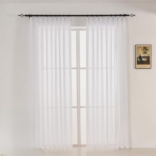 LUGOTAL Pure White Curtains 84 Inches Long Pinch Pleated Chiffon Sheer Curtains for Bedroom Living Room 1 Panel Extra Long Light Filterring Semi-Sheer Curtain Pinch Pleat Drapes, W66 x L84
