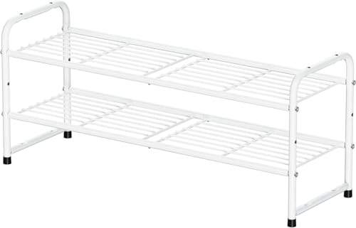Image of Standard Shoe Rack 2-Tier 32.5 Inches Wide, Free Standing Shoe Organizer for Indoor Outdoor | Adjustable Heavy-Duty Metal Shelf Ideal for Home Entryway Closet & Garage Balcony | White