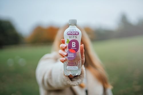 Get More Vits - B Vitamins Still Apple & Raspberry Flavoured Spring Water (12 x 500ml), Supports Energy Release, Tackle Tiredness & Fatigue, Natural Flavours, Sugar Free, Low Calorie, Vegan