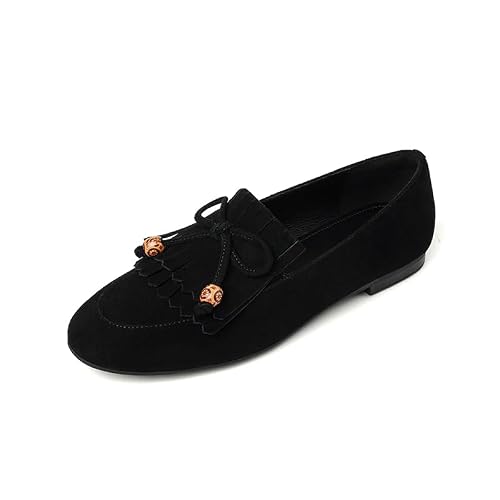 JARO VEGA Loafers for Women Black Suede Bow Fringe Flats